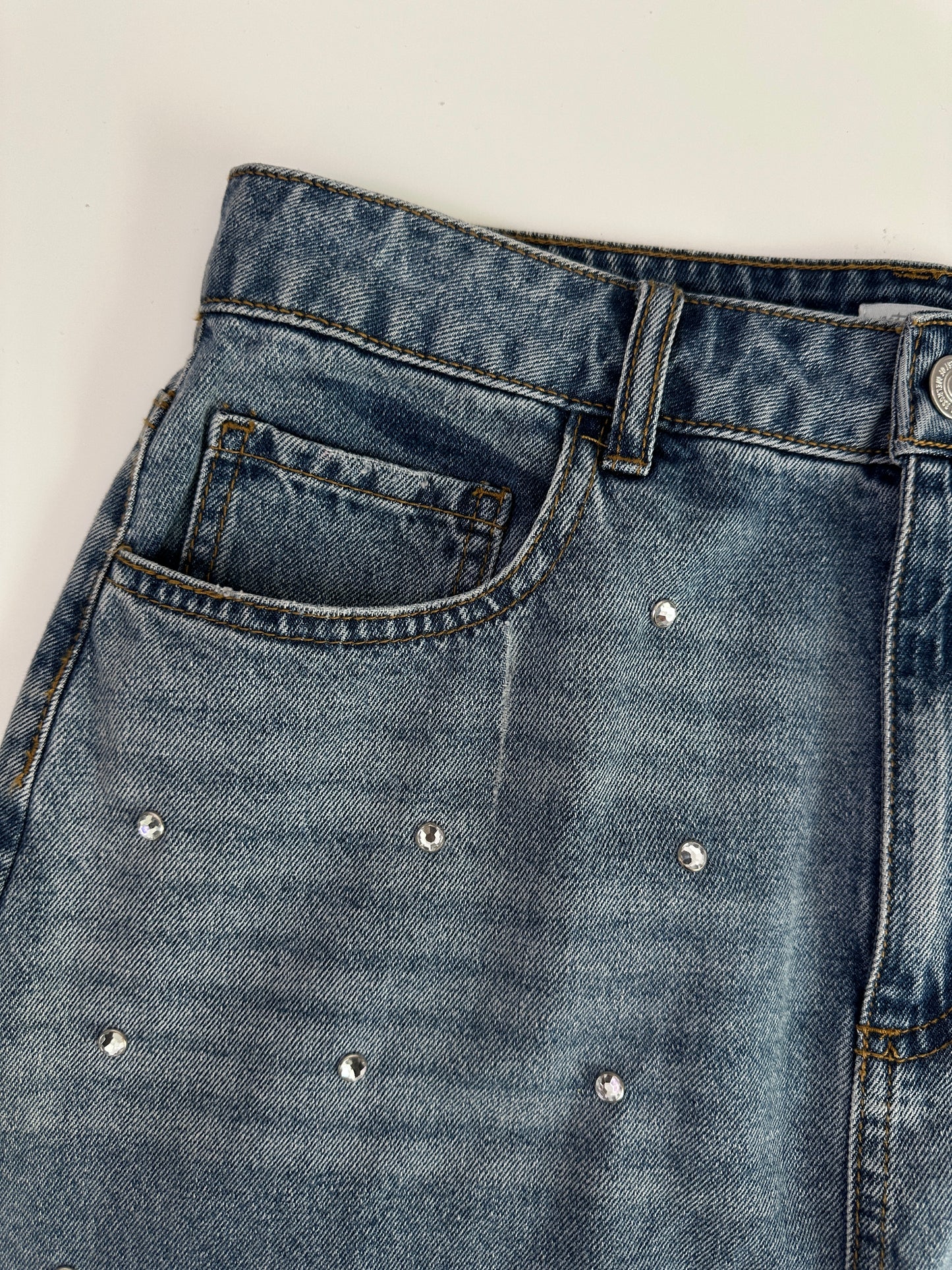 rhinestone denim mini skirt (size 28” waist)