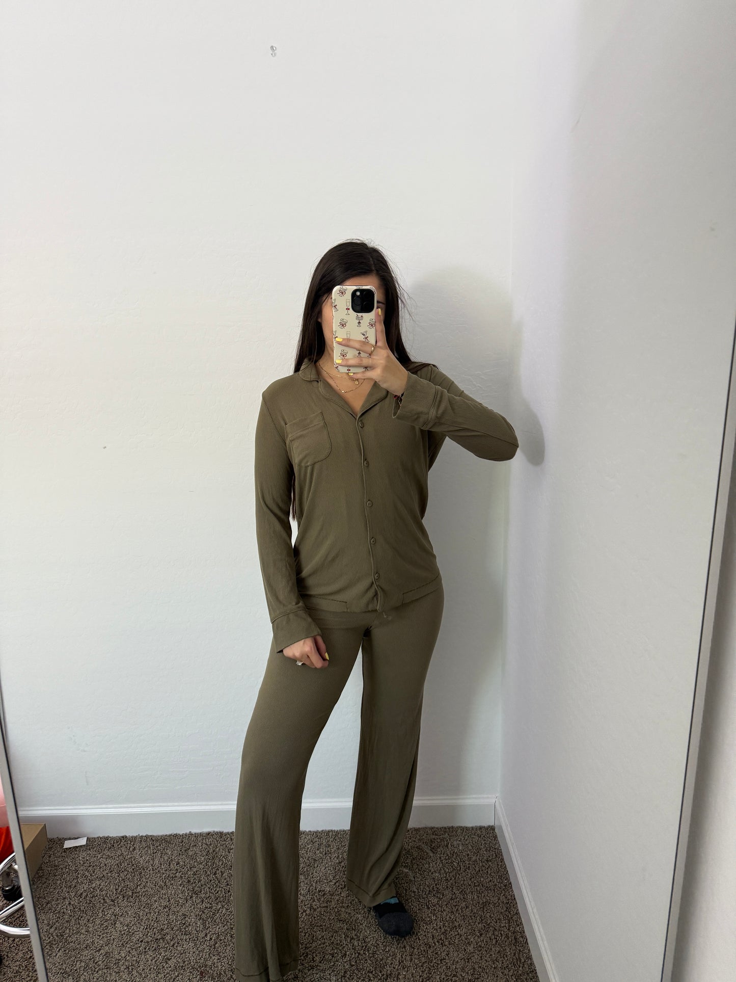 skims green soft lounge ribbed set (size XS)