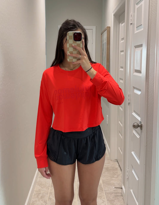 lululemon red logo muscle long sleeve - cropped length (size 6)