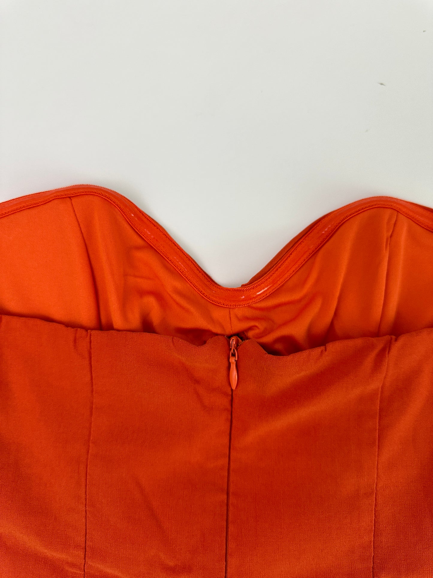 white fox orange strapless mini dress (size large)