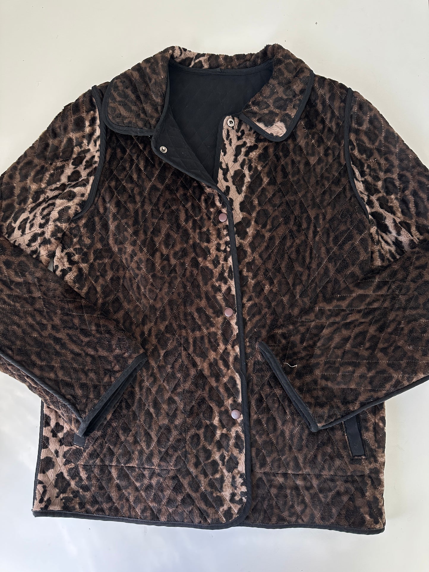 vintage reversible leopard/ black quilted trench coat (size large)