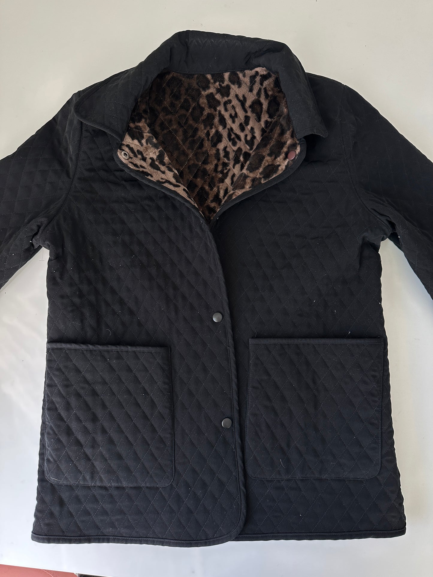 vintage reversible leopard/ black quilted trench coat (size large)